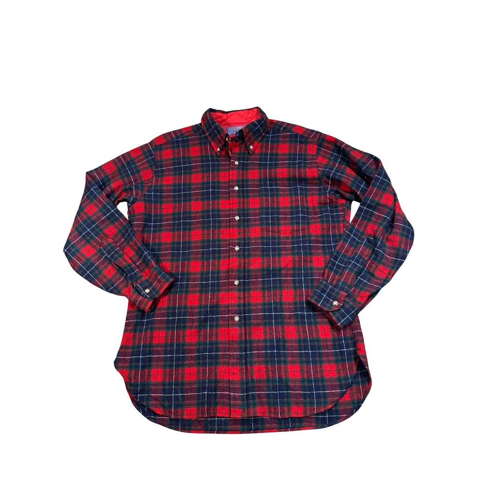 Pendleton Wool Plaid Flannel Shirt Mens Large Red Navy Quilted Lined USA Vintage
